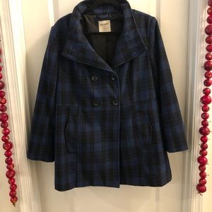 Women’s Blue Black Plaid Lined Wool Blend Pea Coat
